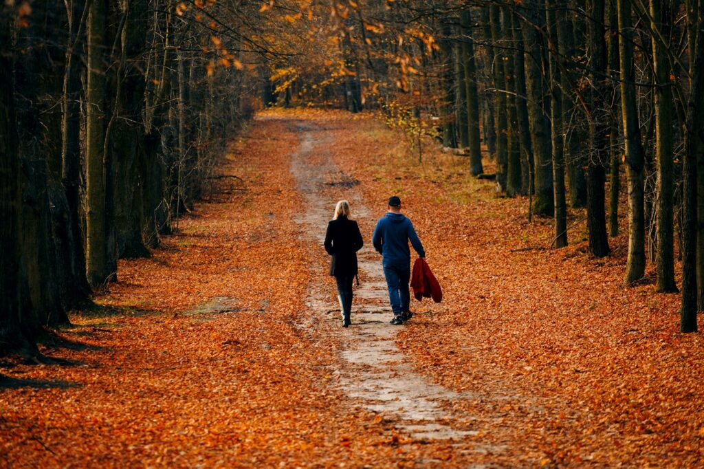 Paar spaziert über einen herbstlichen Laubweg, um das Immunsystem stärken zu können