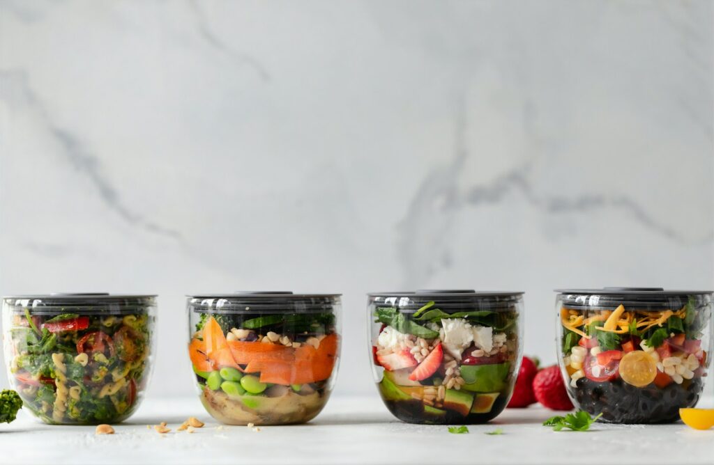 Vier durchsichtige Dosen mit Gemüse für Meal Prep in der Arbeitswoche
