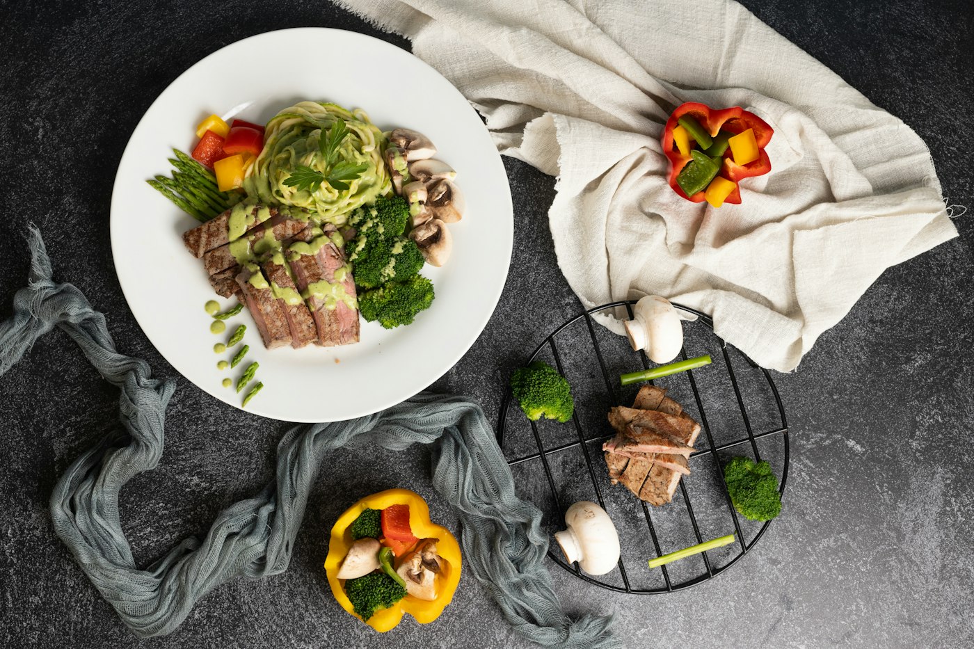 Weißer Teller mit Fleisch und Gemüse als typisches Gericht der Paleo Diät
