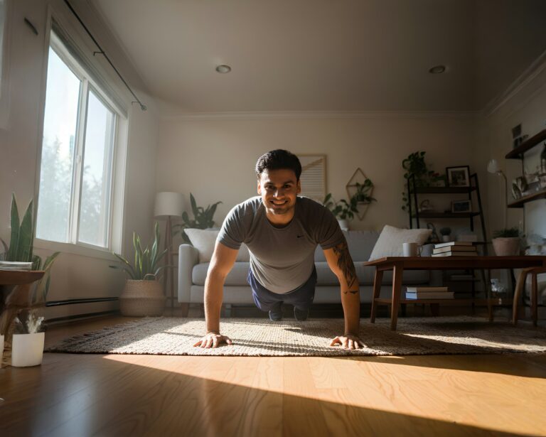 Mann macht Liegestütze in einem sonnigen Wohnzimmer ohne Trainingsgeräte